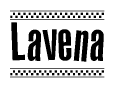 The image is a black and white clipart of the text Lavena in a bold, italicized font. The text is bordered by a dotted line on the top and bottom, and there are checkered flags positioned at both ends of the text, usually associated with racing or finishing lines.