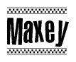 The image is a black and white clipart of the text Maxey in a bold, italicized font. The text is bordered by a dotted line on the top and bottom, and there are checkered flags positioned at both ends of the text, usually associated with racing or finishing lines.