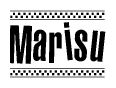 The image is a black and white clipart of the text Marisu in a bold, italicized font. The text is bordered by a dotted line on the top and bottom, and there are checkered flags positioned at both ends of the text, usually associated with racing or finishing lines.