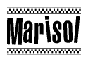 The image is a black and white clipart of the text Marisol in a bold, italicized font. The text is bordered by a dotted line on the top and bottom, and there are checkered flags positioned at both ends of the text, usually associated with racing or finishing lines.