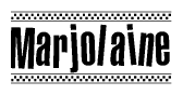 The image is a black and white clipart of the text Marjolaine in a bold, italicized font. The text is bordered by a dotted line on the top and bottom, and there are checkered flags positioned at both ends of the text, usually associated with racing or finishing lines.