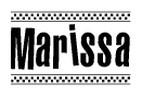 The image is a black and white clipart of the text Marissa in a bold, italicized font. The text is bordered by a dotted line on the top and bottom, and there are checkered flags positioned at both ends of the text, usually associated with racing or finishing lines.