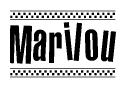 The image is a black and white clipart of the text Marilou in a bold, italicized font. The text is bordered by a dotted line on the top and bottom, and there are checkered flags positioned at both ends of the text, usually associated with racing or finishing lines.