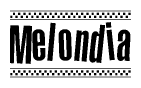The image is a black and white clipart of the text Melondia in a bold, italicized font. The text is bordered by a dotted line on the top and bottom, and there are checkered flags positioned at both ends of the text, usually associated with racing or finishing lines.