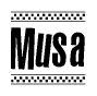 The image contains the text Musa in a bold, stylized font, with a checkered flag pattern bordering the top and bottom of the text.