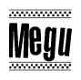 The clipart image displays the text Megu in a bold, stylized font. It is enclosed in a rectangular border with a checkerboard pattern running below and above the text, similar to a finish line in racing. 