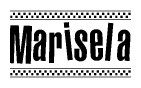 The image is a black and white clipart of the text Marisela in a bold, italicized font. The text is bordered by a dotted line on the top and bottom, and there are checkered flags positioned at both ends of the text, usually associated with racing or finishing lines.