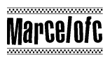 The image is a black and white clipart of the text Marcelofc in a bold, italicized font. The text is bordered by a dotted line on the top and bottom, and there are checkered flags positioned at both ends of the text, usually associated with racing or finishing lines.