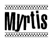 The image is a black and white clipart of the text Myrtis in a bold, italicized font. The text is bordered by a dotted line on the top and bottom, and there are checkered flags positioned at both ends of the text, usually associated with racing or finishing lines.