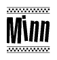 The image is a black and white clipart of the text Minn in a bold, italicized font. The text is bordered by a dotted line on the top and bottom, and there are checkered flags positioned at both ends of the text, usually associated with racing or finishing lines.
