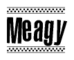 The clipart image displays the text Meagy in a bold, stylized font. It is enclosed in a rectangular border with a checkerboard pattern running below and above the text, similar to a finish line in racing. 