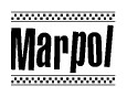 The image is a black and white clipart of the text Marpol in a bold, italicized font. The text is bordered by a dotted line on the top and bottom, and there are checkered flags positioned at both ends of the text, usually associated with racing or finishing lines.