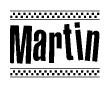 The image is a black and white clipart of the text Martin in a bold, italicized font. The text is bordered by a dotted line on the top and bottom, and there are checkered flags positioned at both ends of the text, usually associated with racing or finishing lines.