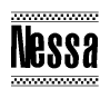The image contains the text Nessa in a bold, stylized font, with a checkered flag pattern bordering the top and bottom of the text.