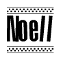 The image is a black and white clipart of the text Noell in a bold, italicized font. The text is bordered by a dotted line on the top and bottom, and there are checkered flags positioned at both ends of the text, usually associated with racing or finishing lines.