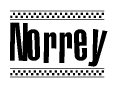 The image is a black and white clipart of the text Norrey in a bold, italicized font. The text is bordered by a dotted line on the top and bottom, and there are checkered flags positioned at both ends of the text, usually associated with racing or finishing lines.