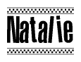 The image contains the text Natalie in a bold, stylized font, with a checkered flag pattern bordering the top and bottom of the text.