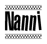 The clipart image displays the text Nanni in a bold, stylized font. It is enclosed in a rectangular border with a checkerboard pattern running below and above the text, similar to a finish line in racing. 