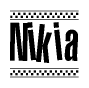 The image is a black and white clipart of the text Nikia in a bold, italicized font. The text is bordered by a dotted line on the top and bottom, and there are checkered flags positioned at both ends of the text, usually associated with racing or finishing lines.