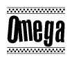 The image is a black and white clipart of the text Omega in a bold, italicized font. The text is bordered by a dotted line on the top and bottom, and there are checkered flags positioned at both ends of the text, usually associated with racing or finishing lines.
