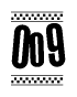 The image is a black and white clipart of the text Oo9 in a bold, italicized font. The text is bordered by a dotted line on the top and bottom, and there are checkered flags positioned at both ends of the text, usually associated with racing or finishing lines.