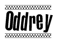 The clipart image displays the text Oddrey in a bold, stylized font. It is enclosed in a rectangular border with a checkerboard pattern running below and above the text, similar to a finish line in racing. 