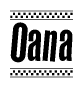 The image is a black and white clipart of the text Oana in a bold, italicized font. The text is bordered by a dotted line on the top and bottom, and there are checkered flags positioned at both ends of the text, usually associated with racing or finishing lines.