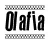 The image is a black and white clipart of the text Olafia in a bold, italicized font. The text is bordered by a dotted line on the top and bottom, and there are checkered flags positioned at both ends of the text, usually associated with racing or finishing lines.