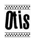 The image contains the text Otis in a bold, stylized font, with a checkered flag pattern bordering the top and bottom of the text.