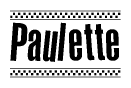 The image is a black and white clipart of the text Paulette in a bold, italicized font. The text is bordered by a dotted line on the top and bottom, and there are checkered flags positioned at both ends of the text, usually associated with racing or finishing lines.