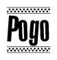 The image is a black and white clipart of the text Pogo in a bold, italicized font. The text is bordered by a dotted line on the top and bottom, and there are checkered flags positioned at both ends of the text, usually associated with racing or finishing lines.