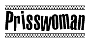 The image is a black and white clipart of the text Prisswoman in a bold, italicized font. The text is bordered by a dotted line on the top and bottom, and there are checkered flags positioned at both ends of the text, usually associated with racing or finishing lines.