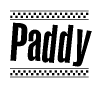 The clipart image displays the text Paddy in a bold, stylized font. It is enclosed in a rectangular border with a checkerboard pattern running below and above the text, similar to a finish line in racing. 