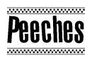 The image is a black and white clipart of the text Peeches in a bold, italicized font. The text is bordered by a dotted line on the top and bottom, and there are checkered flags positioned at both ends of the text, usually associated with racing or finishing lines.
