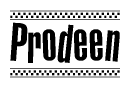The clipart image displays the text Prodeen in a bold, stylized font. It is enclosed in a rectangular border with a checkerboard pattern running below and above the text, similar to a finish line in racing. 