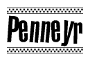 The image is a black and white clipart of the text Penneyr in a bold, italicized font. The text is bordered by a dotted line on the top and bottom, and there are checkered flags positioned at both ends of the text, usually associated with racing or finishing lines.