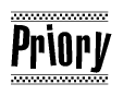 The image is a black and white clipart of the text Priory in a bold, italicized font. The text is bordered by a dotted line on the top and bottom, and there are checkered flags positioned at both ends of the text, usually associated with racing or finishing lines.