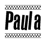 The clipart image displays the text Paula in a bold, stylized font. It is enclosed in a rectangular border with a checkerboard pattern running below and above the text, similar to a finish line in racing. 