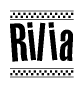 The image is a black and white clipart of the text Rilia in a bold, italicized font. The text is bordered by a dotted line on the top and bottom, and there are checkered flags positioned at both ends of the text, usually associated with racing or finishing lines.