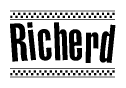 The image is a black and white clipart of the text Richerd in a bold, italicized font. The text is bordered by a dotted line on the top and bottom, and there are checkered flags positioned at both ends of the text, usually associated with racing or finishing lines.