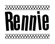 The image is a black and white clipart of the text Rennie in a bold, italicized font. The text is bordered by a dotted line on the top and bottom, and there are checkered flags positioned at both ends of the text, usually associated with racing or finishing lines.