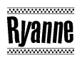 The image is a black and white clipart of the text Ryanne in a bold, italicized font. The text is bordered by a dotted line on the top and bottom, and there are checkered flags positioned at both ends of the text, usually associated with racing or finishing lines.
