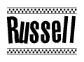The clipart image displays the text Russell in a bold, stylized font. It is enclosed in a rectangular border with a checkerboard pattern running below and above the text, similar to a finish line in racing. 