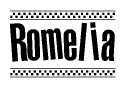 The image is a black and white clipart of the text Romelia in a bold, italicized font. The text is bordered by a dotted line on the top and bottom, and there are checkered flags positioned at both ends of the text, usually associated with racing or finishing lines.