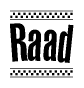The clipart image displays the text Raad in a bold, stylized font. It is enclosed in a rectangular border with a checkerboard pattern running below and above the text, similar to a finish line in racing. 