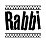 The clipart image displays the text Rabbi in a bold, stylized font. It is enclosed in a rectangular border with a checkerboard pattern running below and above the text, similar to a finish line in racing. 