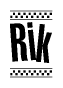 The image is a black and white clipart of the text Rik in a bold, italicized font. The text is bordered by a dotted line on the top and bottom, and there are checkered flags positioned at both ends of the text, usually associated with racing or finishing lines.