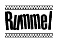 The clipart image displays the text Rummel in a bold, stylized font. It is enclosed in a rectangular border with a checkerboard pattern running below and above the text, similar to a finish line in racing. 