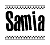 The image is a black and white clipart of the text Samia in a bold, italicized font. The text is bordered by a dotted line on the top and bottom, and there are checkered flags positioned at both ends of the text, usually associated with racing or finishing lines.