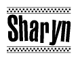 The image contains the text Sharyn in a bold, stylized font, with a checkered flag pattern bordering the top and bottom of the text.